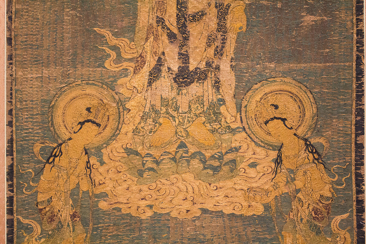 【刺繍阿弥陀三尊来迎図　Welcoming Descent of Amida, the Buddha of Limitless Light, with Bodhisattvas Kannon and Seishi】鎌倉時代