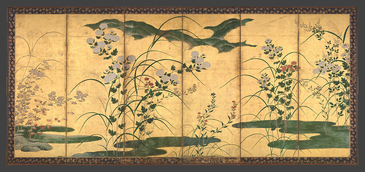 【四季花草図屏風　Flowers and Grasses of the Four Seasons】桃山時代‐ 狩野光信