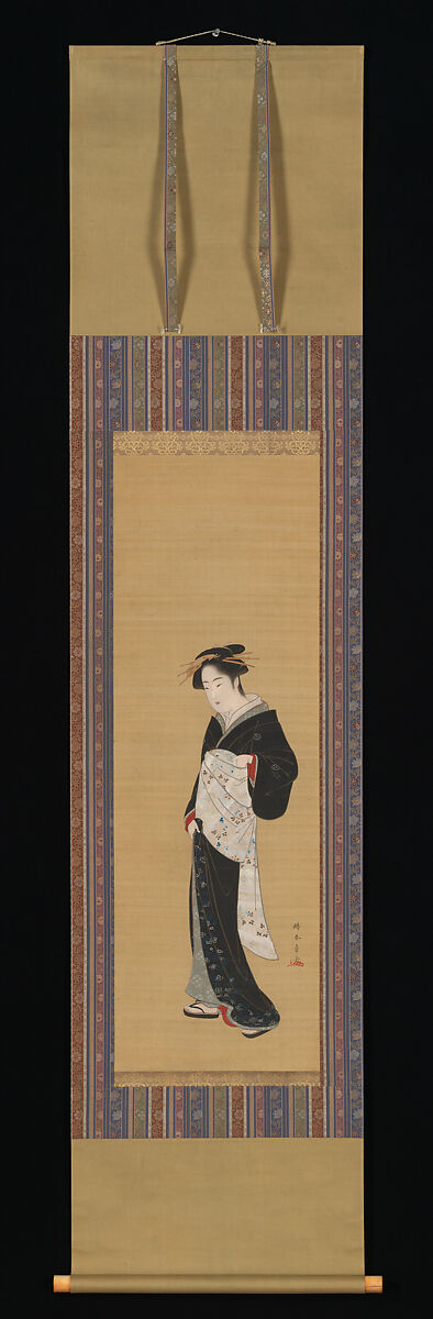 【立姿美人図　Woman in a Black Kimono】江戸時代‐勝川春章筆