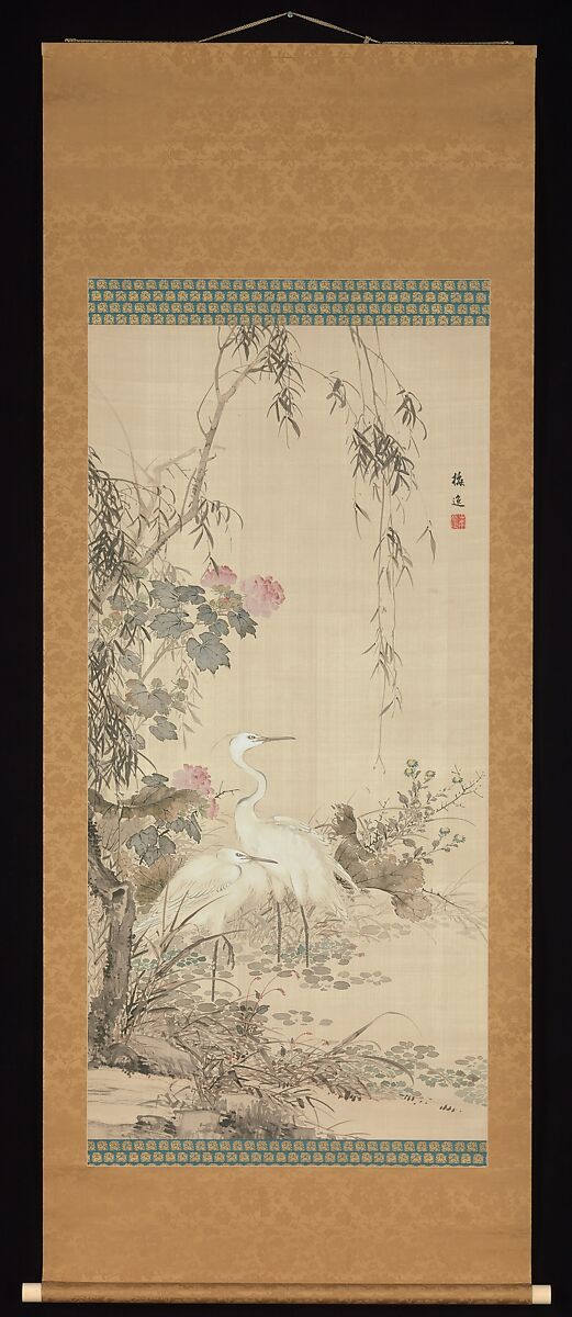 【柳鷺図　Egrets, Peonies, and Willows】江戸時代‐山本梅逸筆 