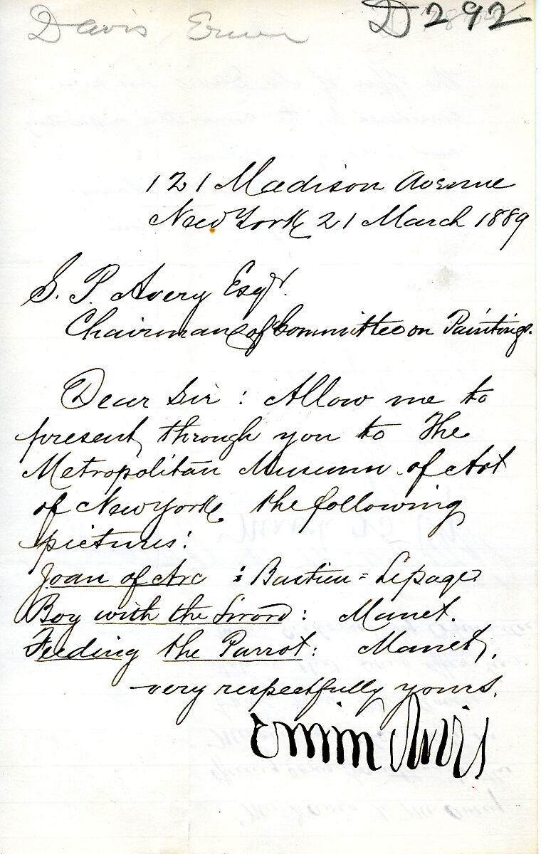 Fig. 8. Letter of March 21, 1889, from Erwin Davis to Samuel P. Avery, chairman of the committee on paintings at The Metropolitan Museum of Art, offering this painting and two others as gifts (The Metropolitan Museum of Art Archives)