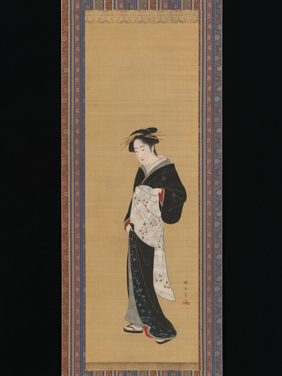 【立姿美人図　Woman in a Black Kimono】江戸時代‐勝川春章筆