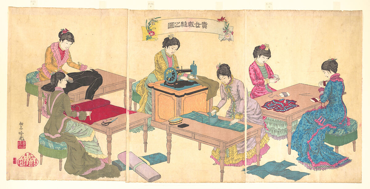 【貴女裁縫之図　Ladies Sewing (Kijo saihō no zu)】明治時代‐安達吟光