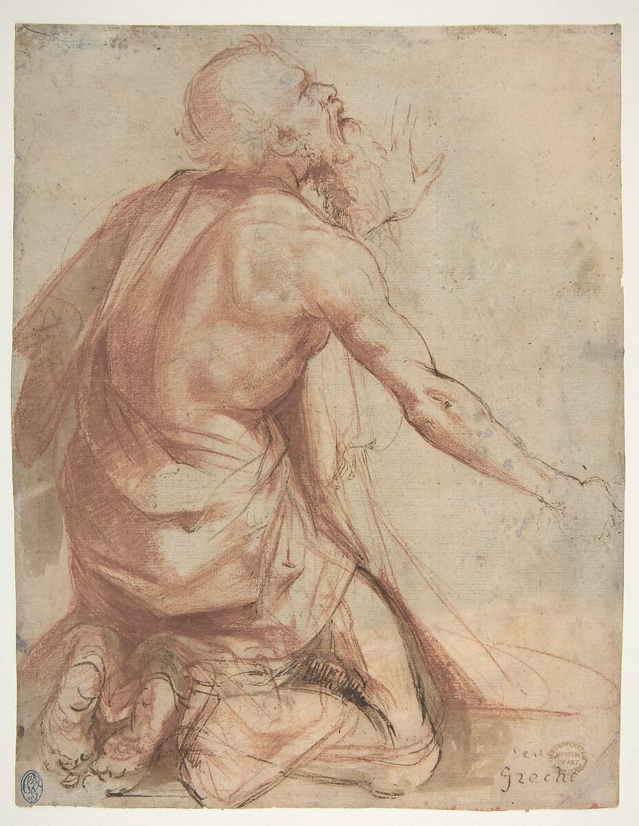【ひざまずくひげの老人（表面）；ドレープされた肢の一部とスケッチ（裏面）　Kneeling Bearded Old Man (recto); Section of a Draped Limb and Sketches (verso)】イタリア‐ルネサンス期画家‐ノサデッラ（Nosadella）