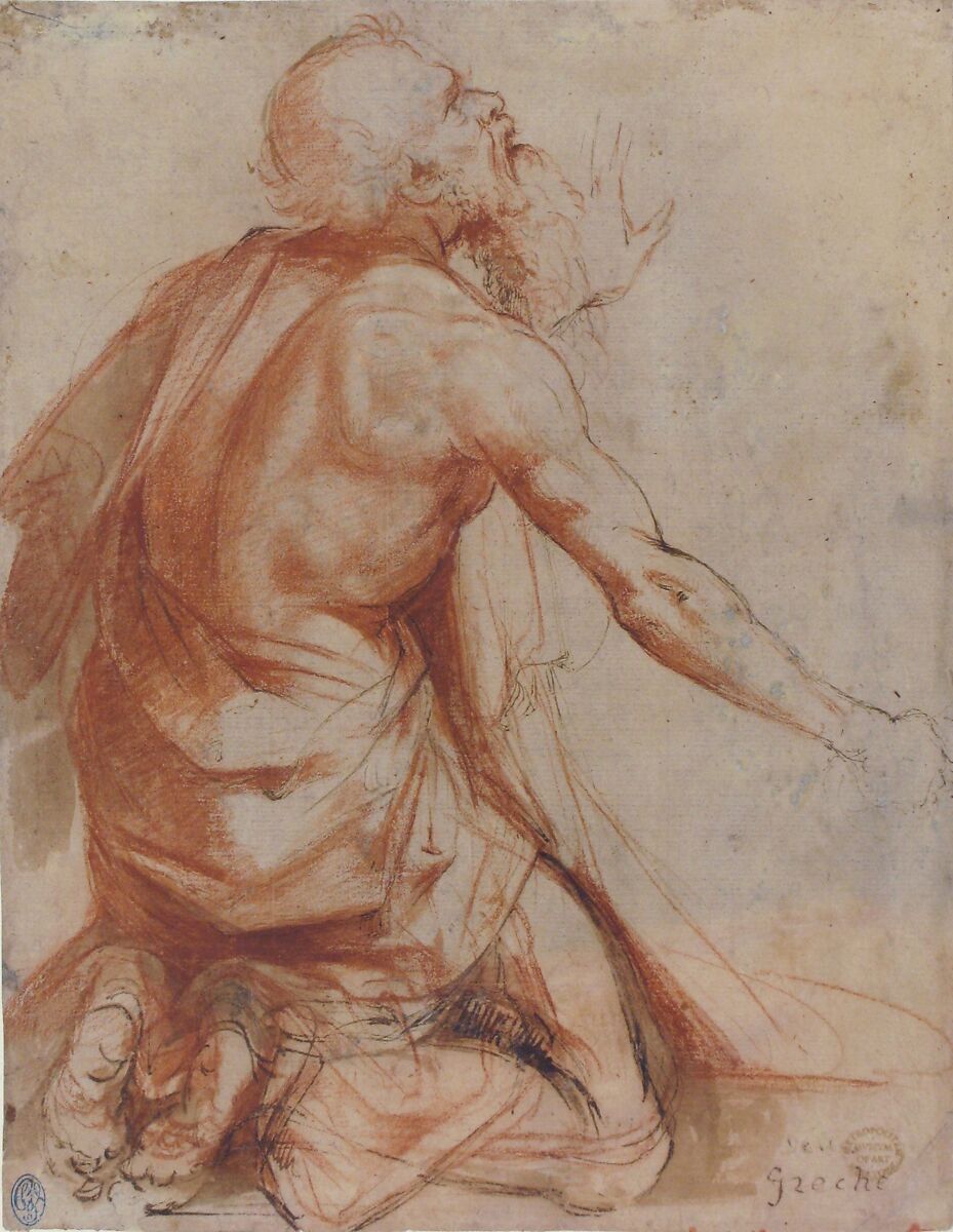 【ひざまずくひげの老人（表面）；ドレープされた肢の一部とスケッチ（裏面）　Kneeling Bearded Old Man (recto); Section of a Draped Limb and Sketches (verso)】イタリア‐ルネサンス期画家‐ノサデッラ（Nosadella）