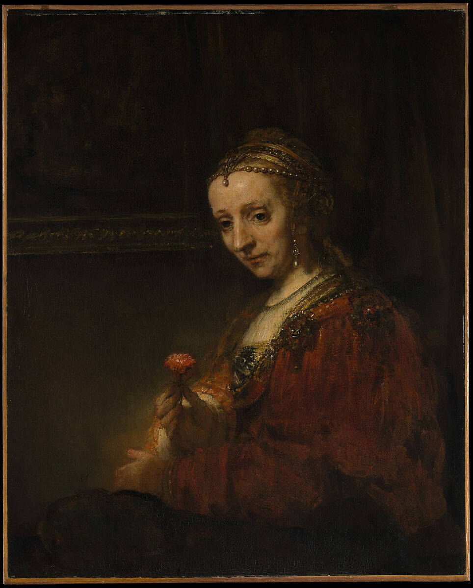【ピンクの花を持つ女性　Woman with a Pink】オランダ‐バロック時代画家‐レンブラント・ファン・レイン（Rembrandt van Rijn）