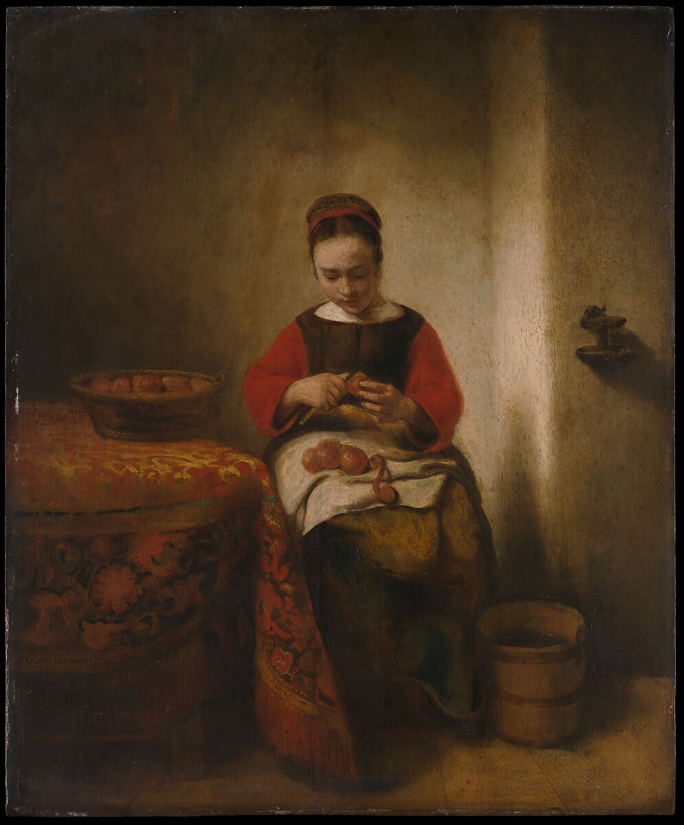 【リンゴを剥く若い女性　Young Woman Peeling Apples】オランダ‐バロック期‐ニコラース・マース（Nicolaes Maes）