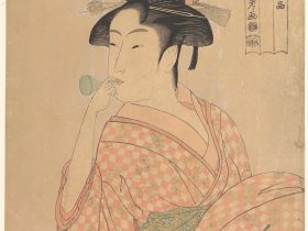 【婦女人相十品 　ポペンを吹く娘　Young Woman Blowing a Popen (glass noisemaker), from the series “Ten Classes of Women’s Physiognomy” (Fujo ninsō juppen)】日本‐江戸時代‐喜多川歌麿