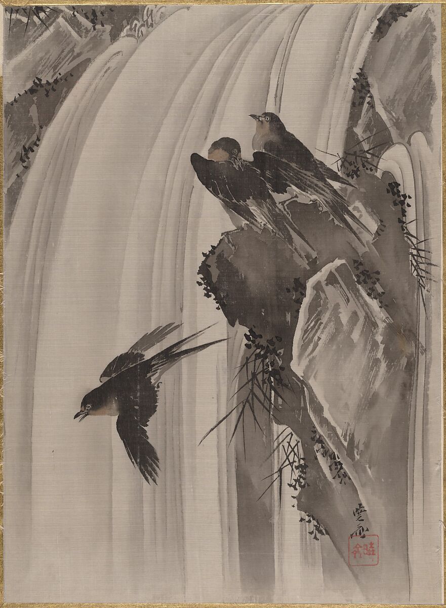 【滝に燕図　Swallows by a Waterfall】日本‐明治時代‐河鍋暁斎