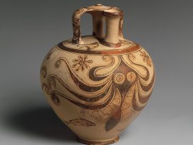 【タラコッタのオクトパス模様スターラップ壺　 Terracotta stirrup jar with octopus】ギリシャ‐ヘラディック期