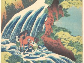 【諸國瀧廻リ 和州吉野義経馬洗滝　“The Waterfall Where Yoshitsune Washed His Horse at Yoshino in Yamato Province,” from the series A Tour of Waterfalls in Various Provinces】日本‐江戸時代‐葛飾北斎‐源義‐
