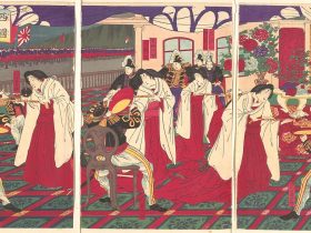 【西国鎮静撫諸将天杯賜之図　Illustration of the Commanders who Pacified Western Japan, Receiving the Emperor's Gift Cups 】日本‐明治時代‐楊洲周延