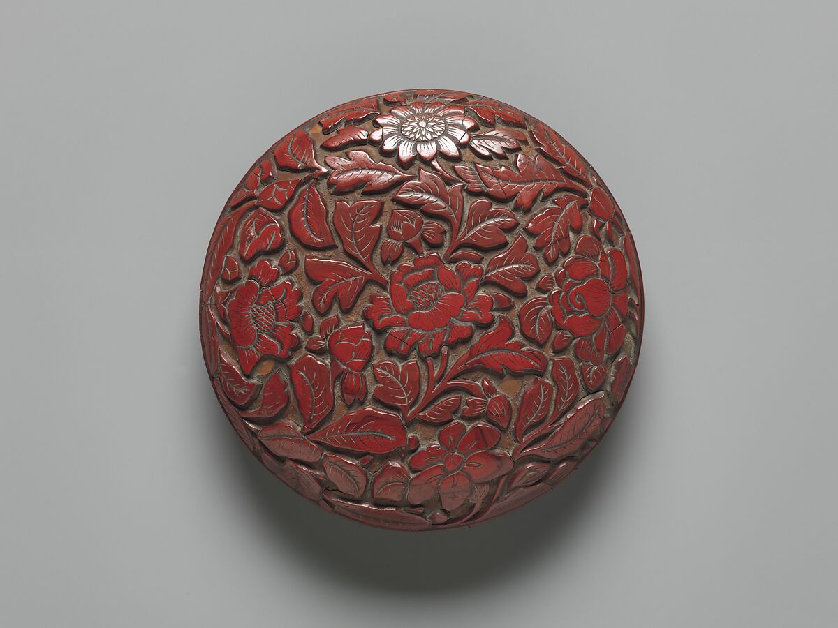 【椿堆朱香合　Incense Box (Kōgō) with Camellias】中国‐南宋時代‐漆器