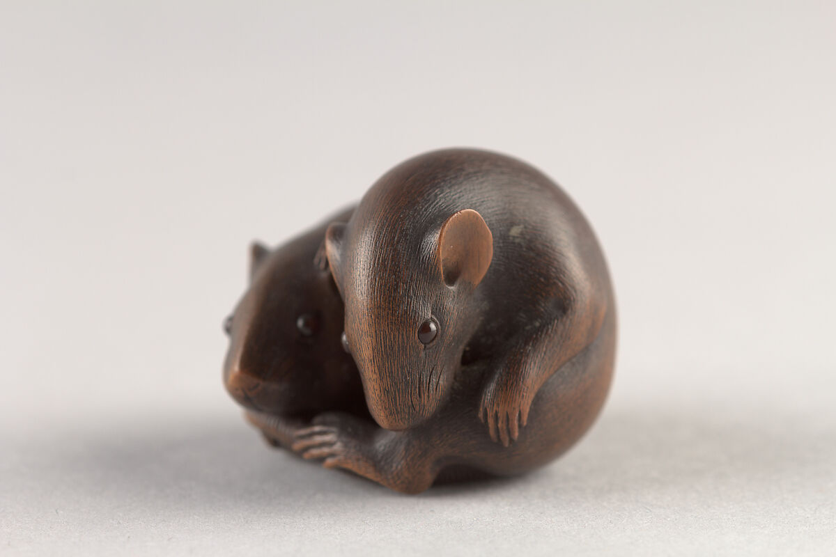 【二鼠木彫根付　 Netsuke of Two Rats】日本‐19世紀中頃‐彫刻家新井一貫
