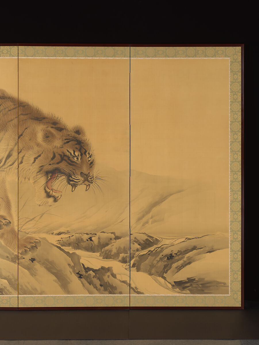 【虎図屏風　Tiger, Tigress and Cub】日本‐明治時代‐岸竹堂