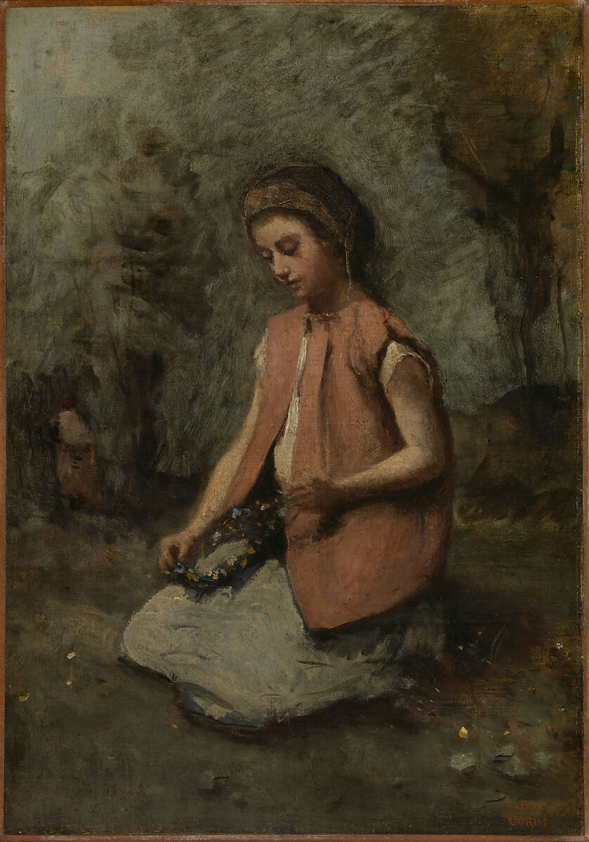 【花輪を編む少女　Girl Weaving a Garland】フランス‐現実主義‐バルビゾン派‐カミーユ・コロー（Camille Corot）