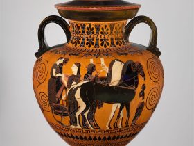 【蓋とつまみ付きテラコッタ製首部アンフォラ（壺）　Terracotta neck-amphora (jar) with lid and knob 】古代ギリシャ