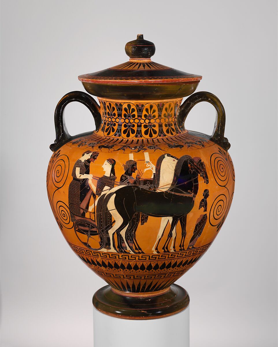【蓋とつまみ付きテラコッタ製首部アンフォラ（壺）　Terracotta neck-amphora (jar) with lid and knob 】古代ギリシャ