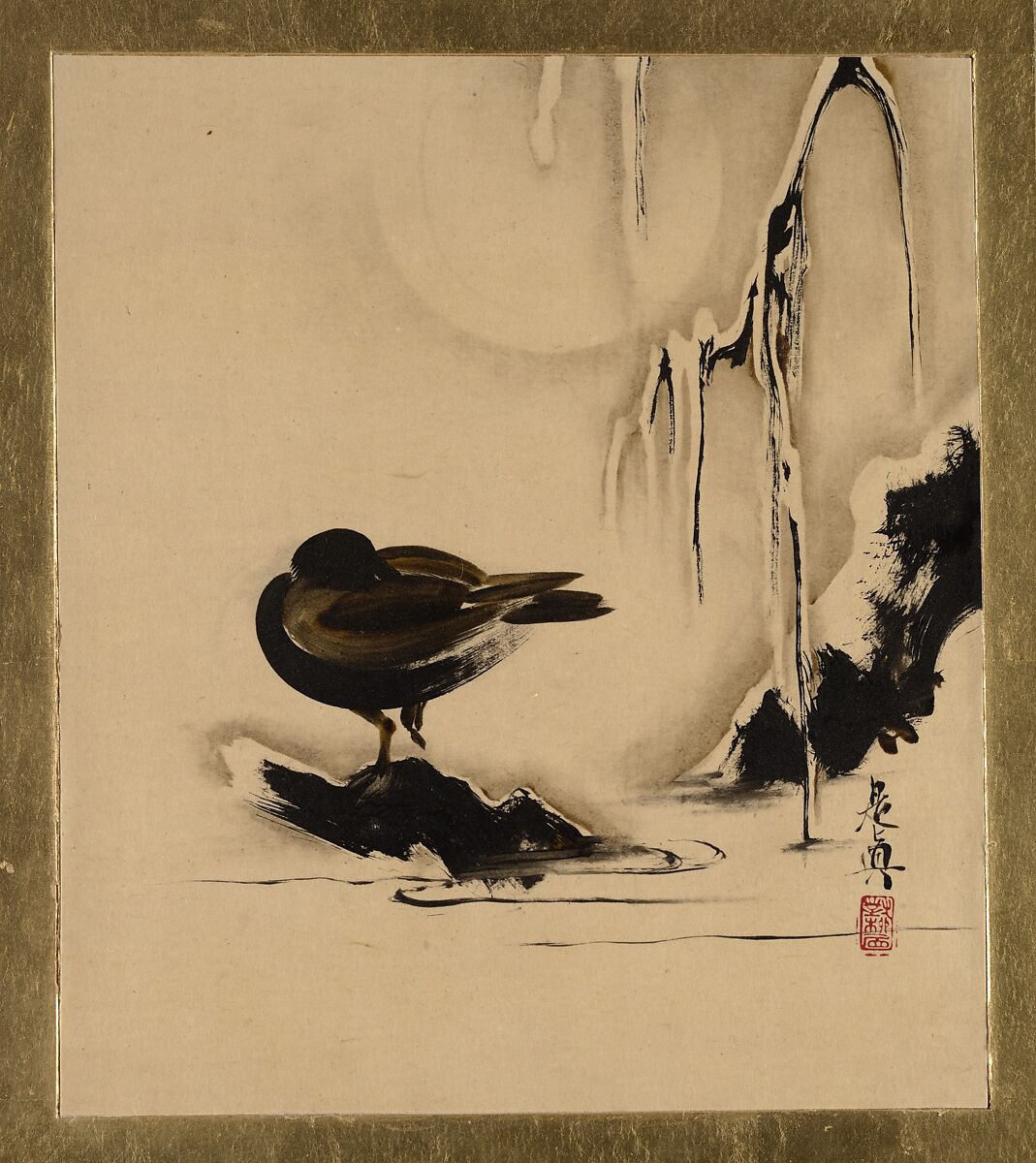 【漆絵: 雪の中の鳥と柳　Lacquer Paintings of Various Subjects: Bird and Willow in Snow】日本-明治時代‐柴田是真