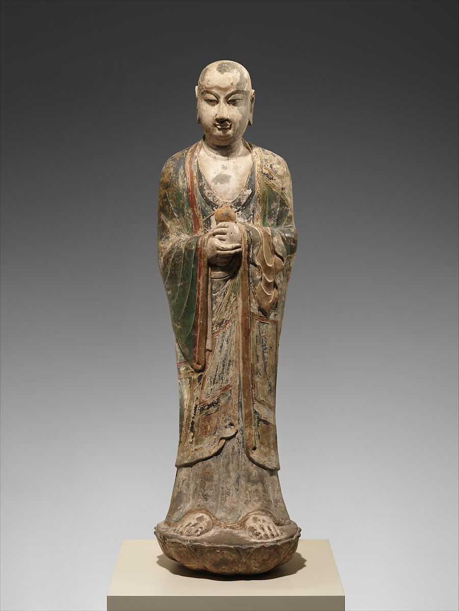 【彩繪石雕阿難陀像　Monk, probably Ananda (Anantuo)】中国-唐代
