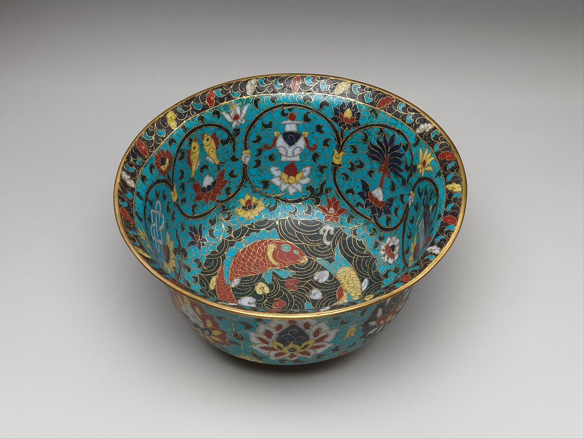 【掐絲琺瑯八寶雙魚紋大碗　Bowl with the Eight Buddhist Treasures】中国-明代‐掐絲琺瑯