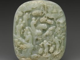 【玉雕山水人物図屏　Table screen with landscape scene】中国‐清代