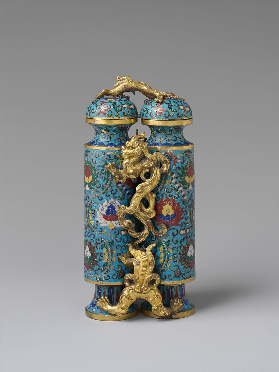 【掐絲琺琅英雄双聯瓶　Double vessel with mythical beasts (champion vase)】中国‐清代