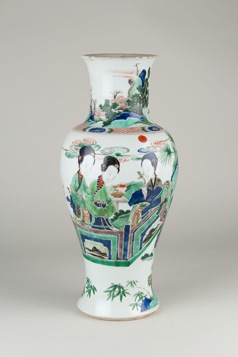 【景徳鎮窯五彩庭園仕女図瓶　Vase】中国‐清代康熙時代