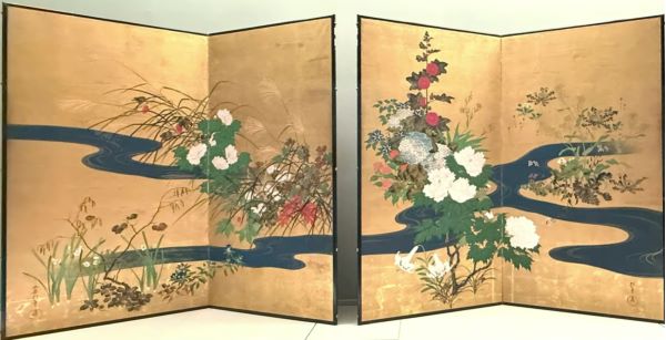 【流水四季草花図屏風】酒井抱一‐東京国立博物館所蔵